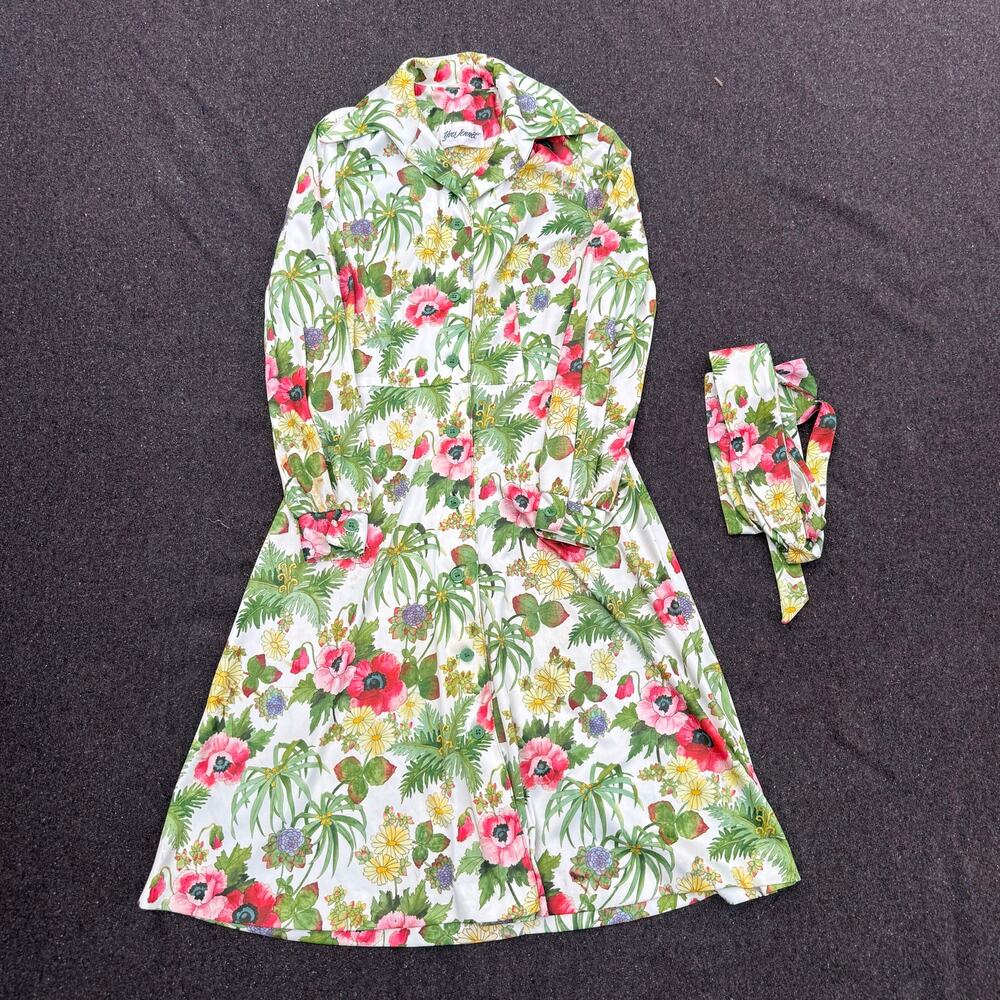Women's Vintage 70's Yves Jennet White Green Floral Long Sleeve Belt Dress Sz 8